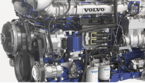 close up picture of a Volvo heavy truck engine