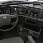 interior picture of a Volvo rigs steering wheel and main vehicle console