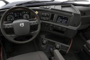 interior picture of a Volvo rigs steering wheel and main vehicle console